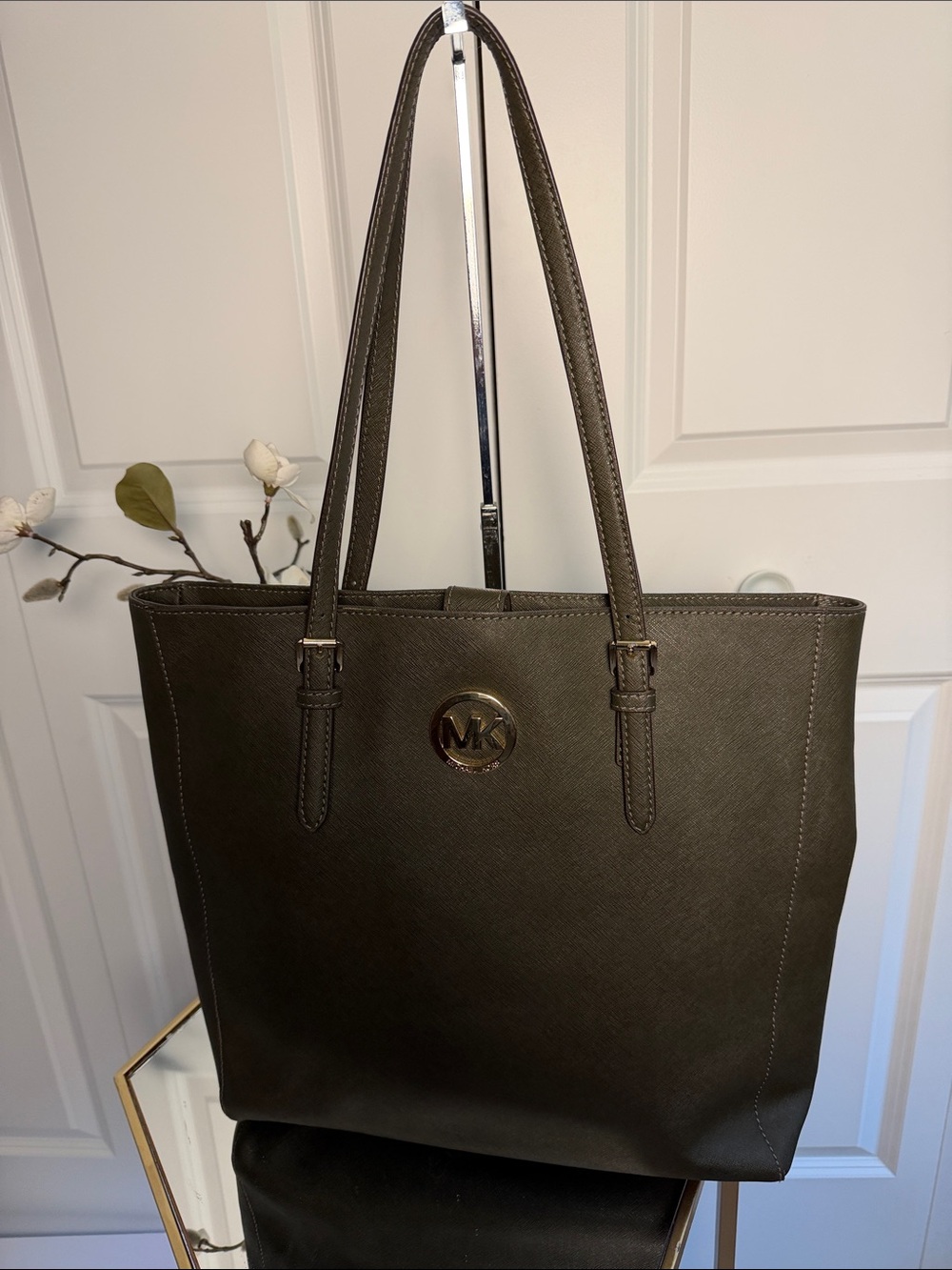 Michael Kors Dark Olive Saffiano Leather Tote with MK Logo